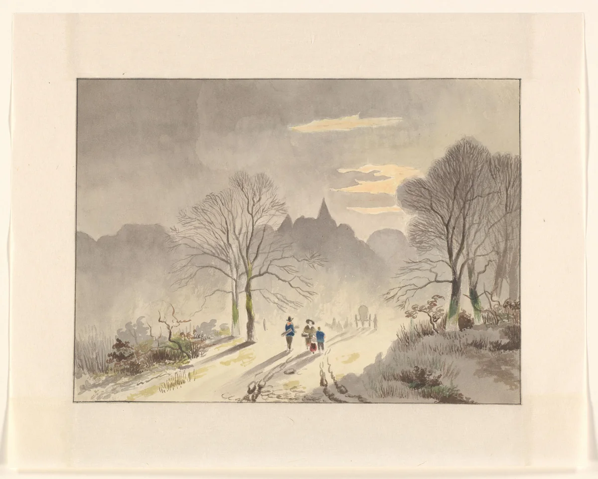 Figuren op een landweg in een winterlandschap by Johannes van Reijn, drawing, 1800-1900