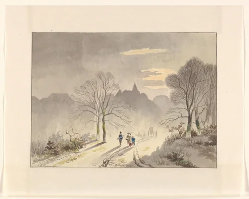 Figuren op een landweg in een winterlandschap by Johannes van Reijn, drawing, 1800-1900