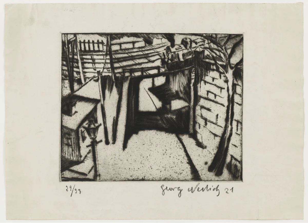 Railroad Crossing (Eisenbahnüberführung) by Georg Ehrlich, print, 1921