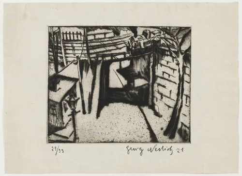 Railroad Crossing (Eisenbahnüberführung) by Georg Ehrlich, print, 1921