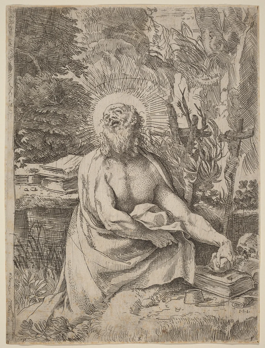 Saint Jerome in the Wilderness by Annibale Carracci; Pietro Stefanoni, print, 1591