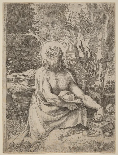 Saint Jerome in the Wilderness by Annibale Carracci; Pietro Stefanoni, print, 1591