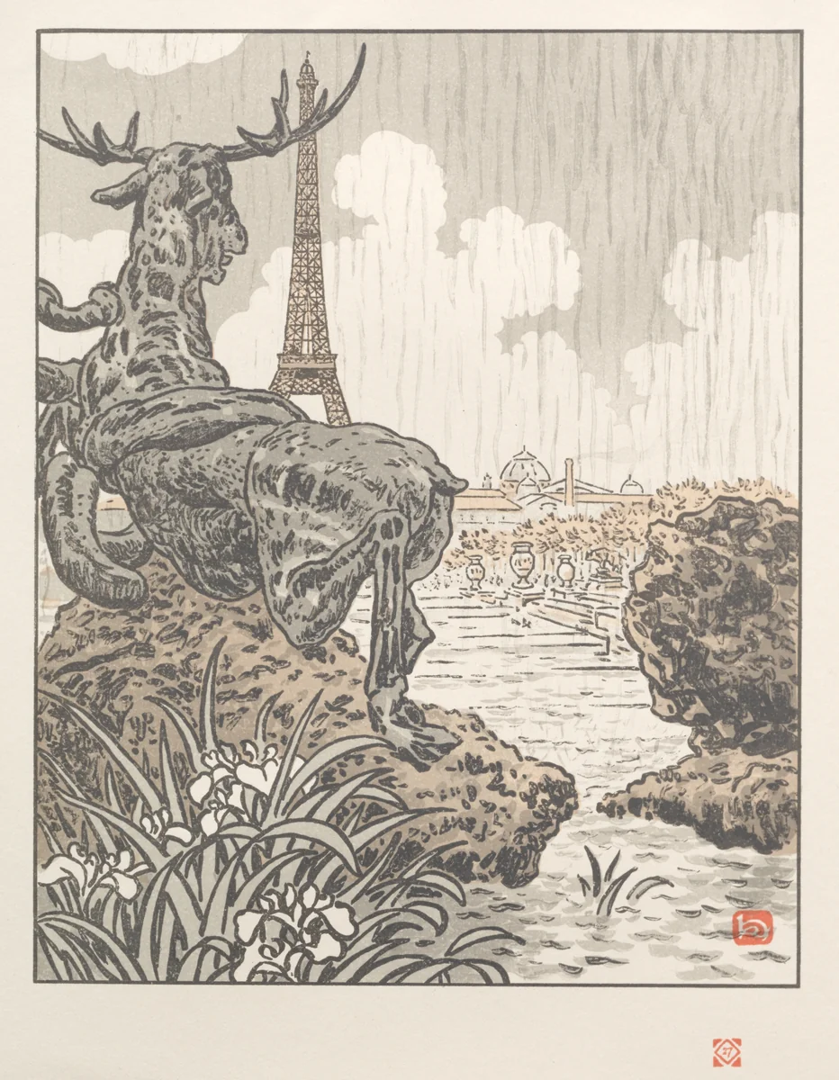 Thirty-Six Views of the Eiffel Tower: From Behind Frémiet's Elk (Trocadero) by Henri Rivière, print, 1902
