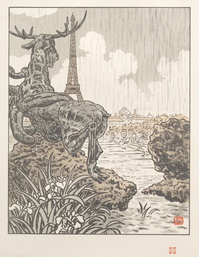 Thirty-Six Views of the Eiffel Tower: From Behind Frémiet's Elk (Trocadero) by Henri Rivière, print, 1902
