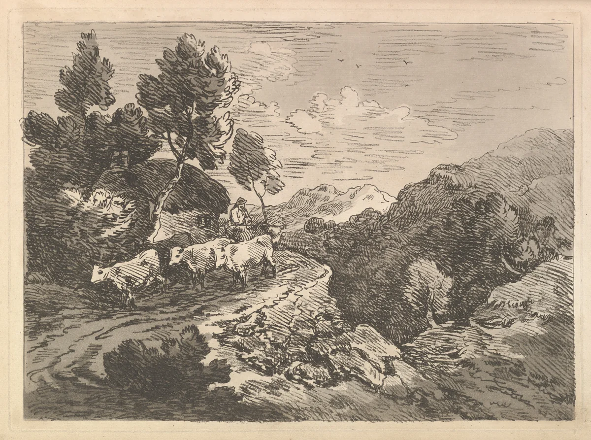 Landscape with a Figure Herding Cattle Along a Road Beside a Cottage, a Hillside at Left, a Forest in the Valley Below at Right by Thomas Rowlandson, print, 1784-1788