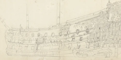 Landschap met de Dood bij een zittende man met takkenbos (Archimedes?) by Abraham Genoels, drawing, 1689