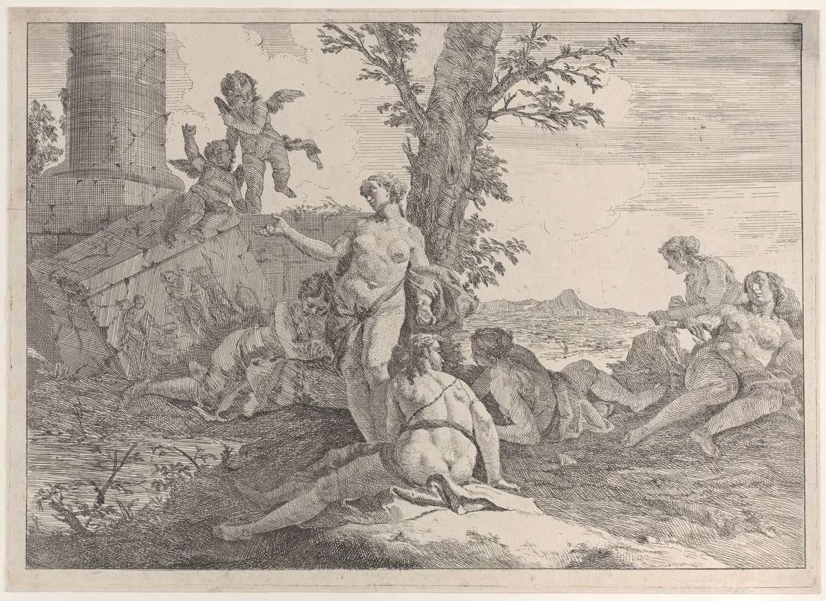 Six nymphs and two putti, from "Bacchanals and Histories" by Francesco Fontebasso, print, 1744