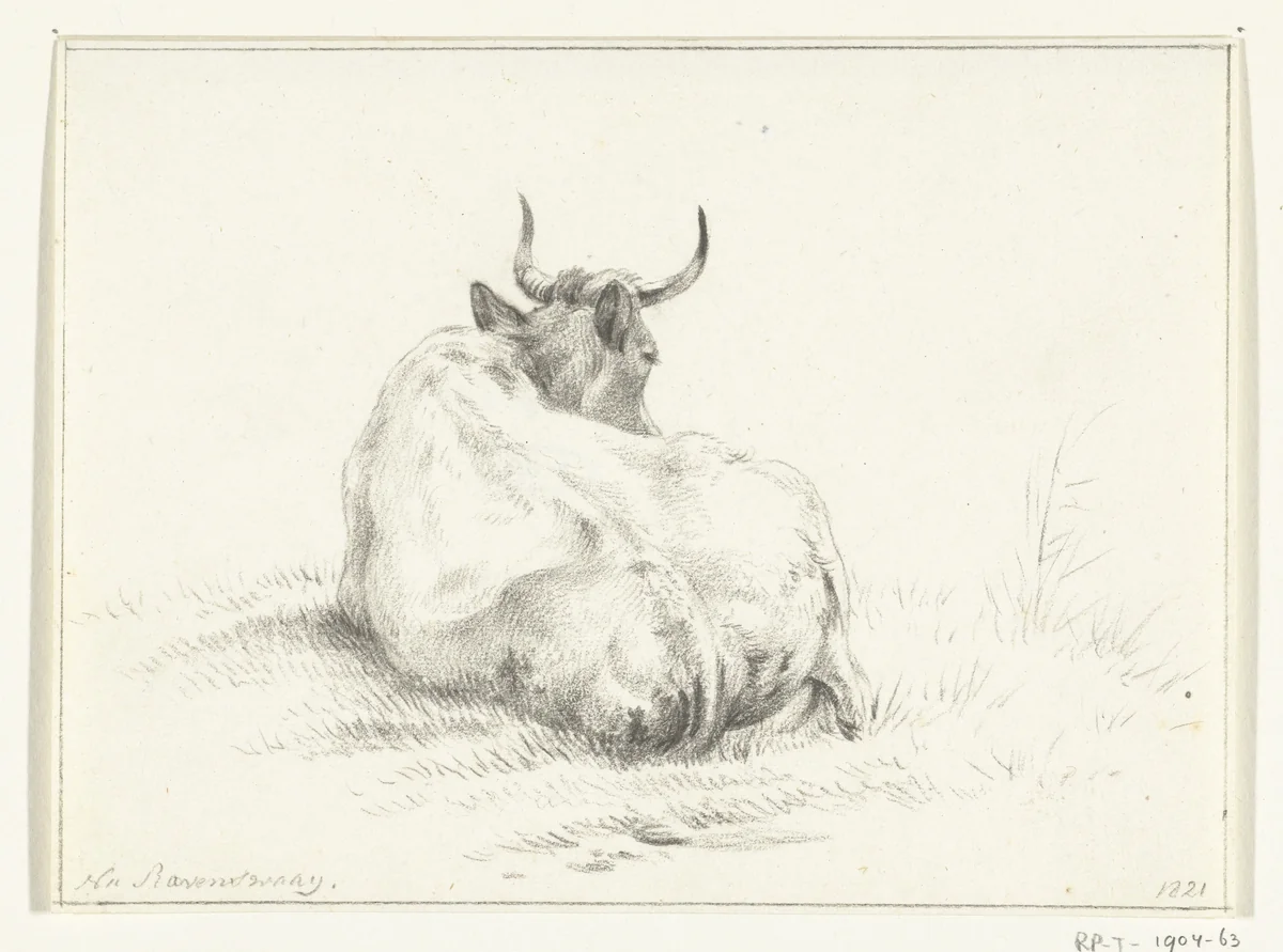 Liggende koe, van achteren by Jean Bernard, drawing, 1821