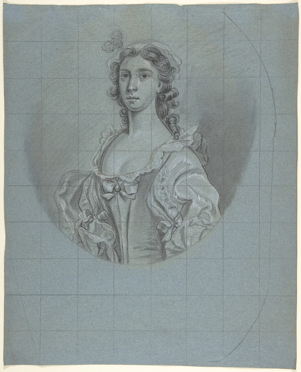 Half-length portrait study of a young woman with long hair by Joseph van Aken, drawing, 1735-1765