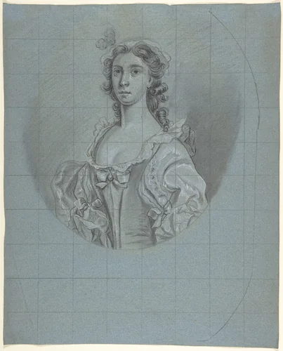 Half-length portrait study of a young woman with long hair by Joseph van Aken, drawing, 1735-1765