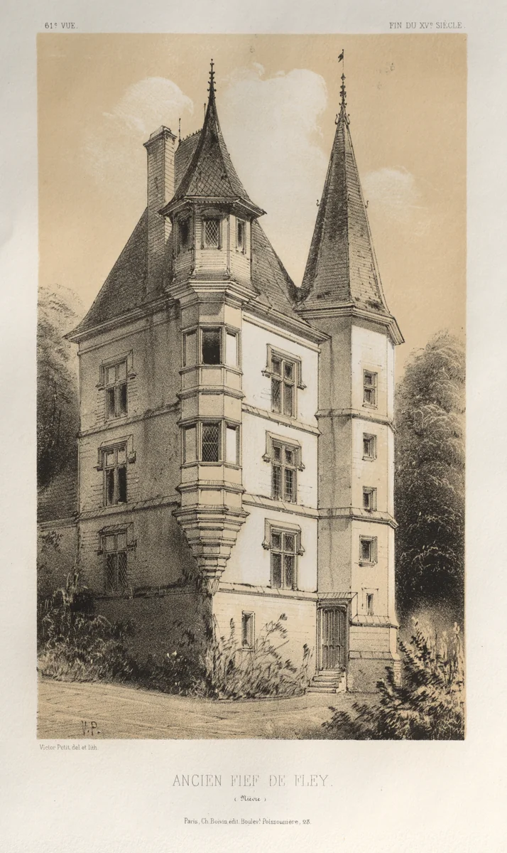 Architecture Pittoresque ou Monuments des XVeme. Et XVIeme. Siecles: Chateaux de France des XV et XVI Siecles: Pl. 61, Ancien Fief De Fley (Nièvre) by Victor Petit, print, 1860