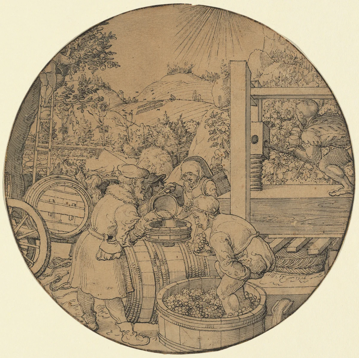 The Wine Harvest (September) by Jörg Breu, drawing, 1521