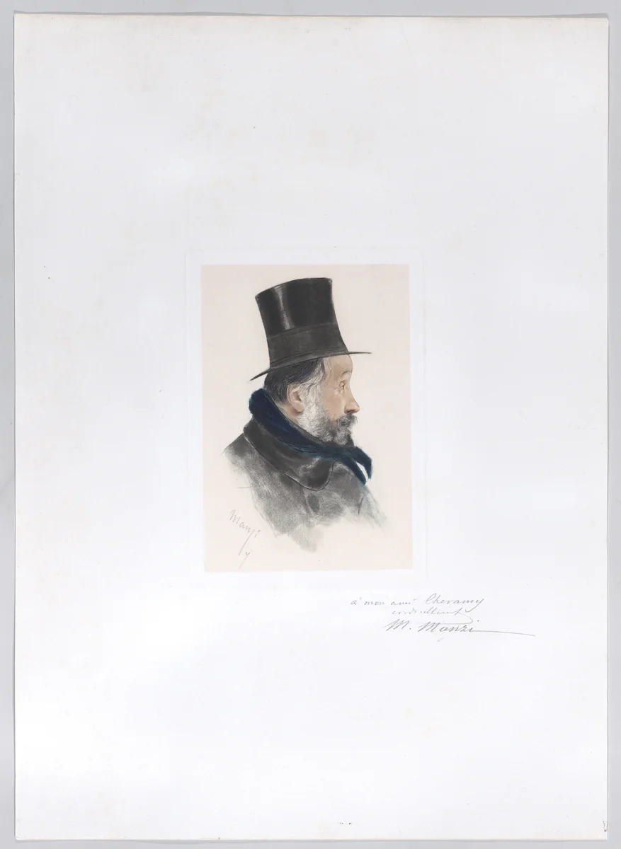 Portrait of Edgar Degas in profile by Michel Manzi, print, 1886