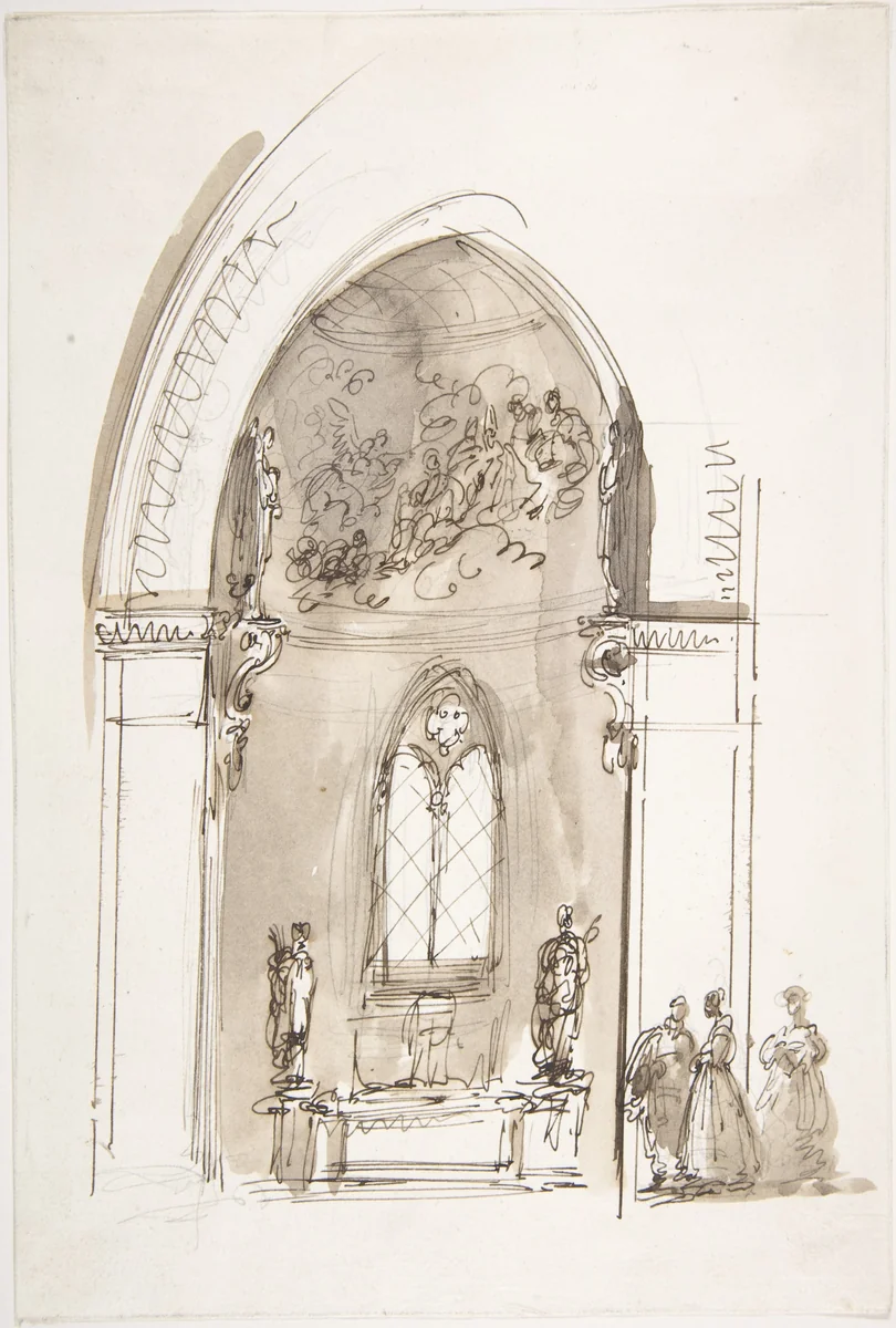 Chapel in a Gothic Church (recto); Outline sketch of an oval form (verso) by Giuseppe Bernardino Bison, drawing, 1762-1844