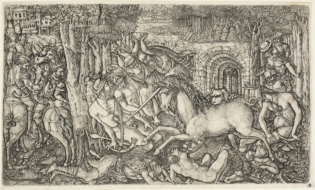 A King Pursued by the Unicorn by Jean Duvet, print, 1540-1550