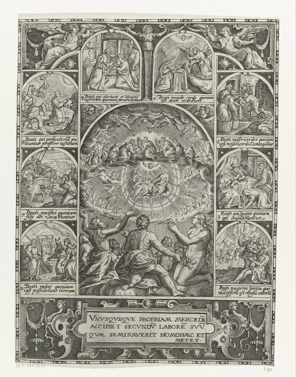 Aanbidding van de heilige Drie-eenheid en de acht zaligsprekingen by anonymous, print, 1560-1599
