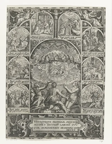 Aanbidding van de heilige Drie-eenheid en de acht zaligsprekingen by anonymous, print, 1560-1599