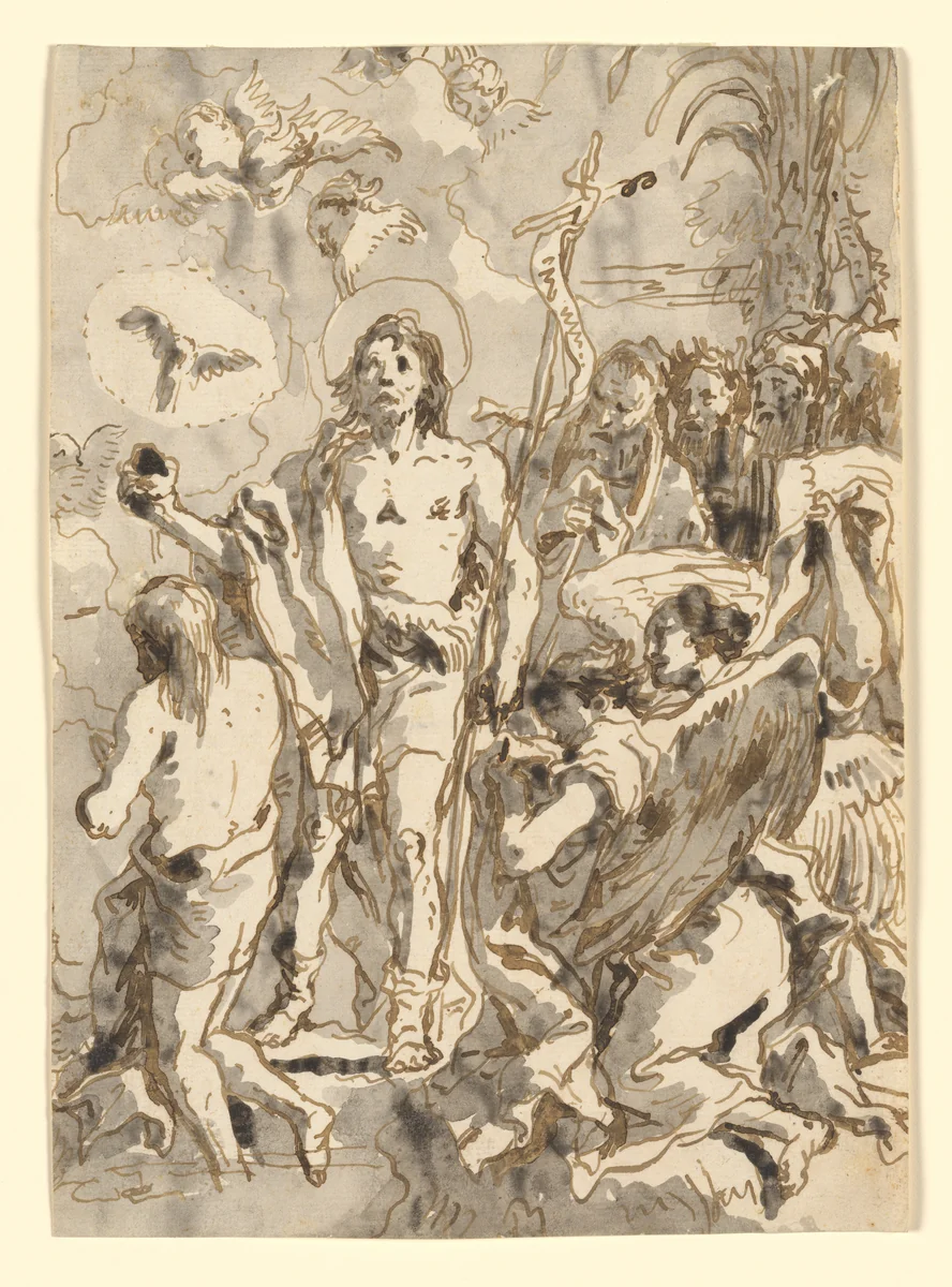 The Baptism of Christ (with Christ Half-Kneeling at Left, His Back Turned, and the Baptist Full-Faced at Center, Looking Up) by Giovanni Domenico Tiepolo, drawing, 1767-1793