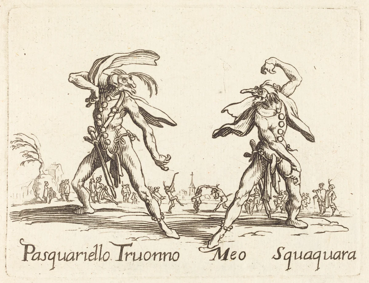 Pasquariello Truonno and Meo Squaquara by Jacques Callot, print, 1622-1699