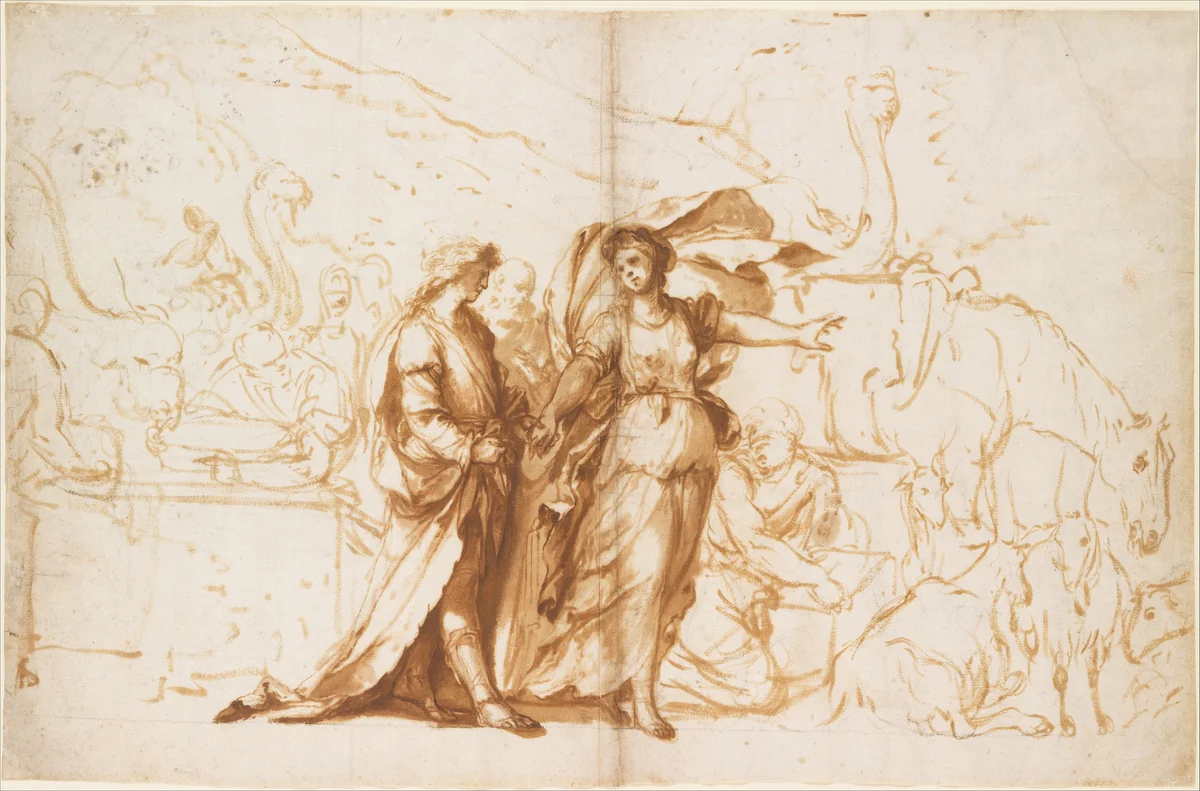 Rebecca at the Well by Giovanni Benedetto Castiglione, drawing, 1620-1699
