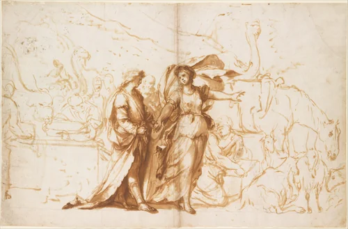 Rebecca at the Well by Giovanni Benedetto Castiglione, drawing, 1620-1699