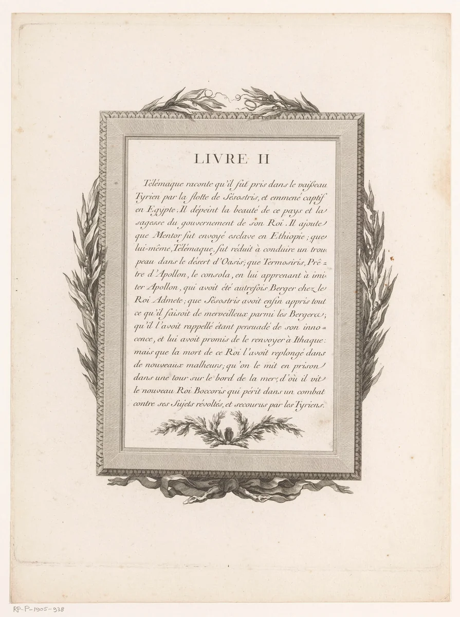 Omkaderde Franse tekst met een uil en olijftakken by Jean-Baptiste Tilliard, print, 1785