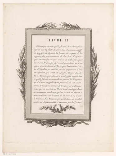 Omkaderde Franse tekst met een uil en olijftakken by Jean-Baptiste Tilliard, print, 1785