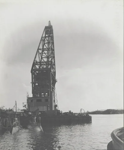 Floating crane "Ajax" test. Rotating 250 ton test load at rated reach by Unidentified Photographer, photograph, 1915