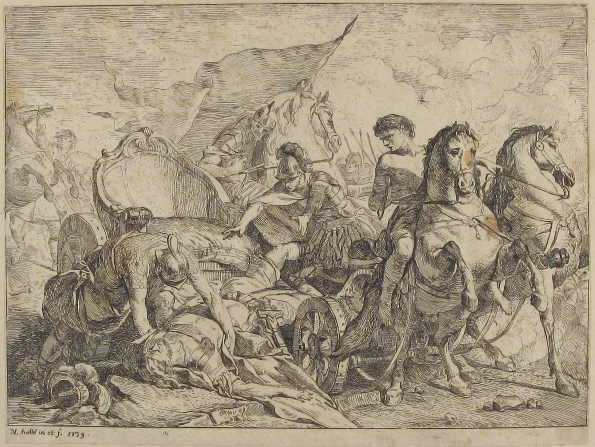 Fall of Antiochus From His Chariot by Noël Hallé, print, 1739