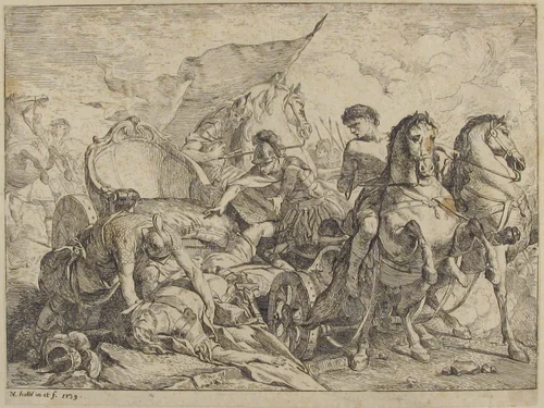 Fall of Antiochus From His Chariot by Noël Hallé, print, 1739