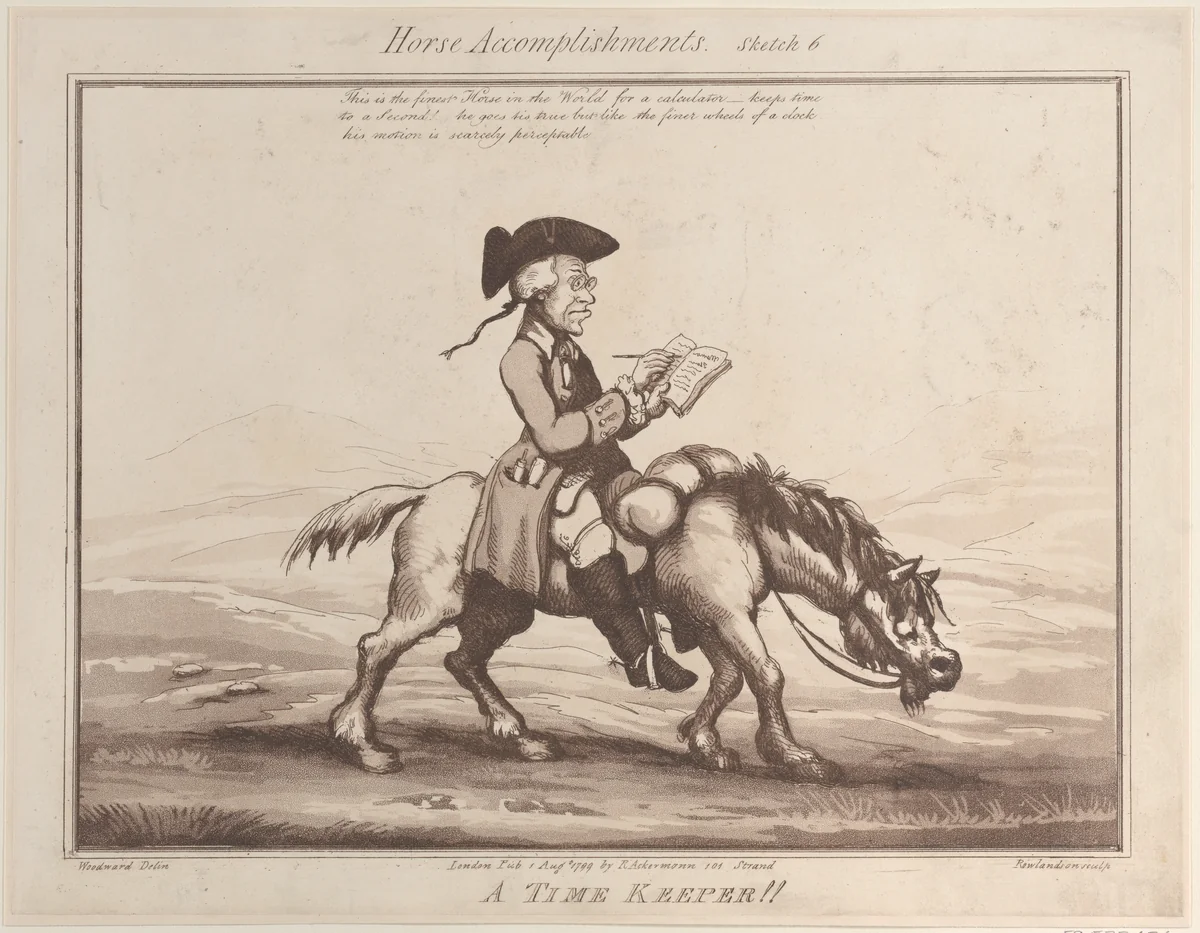 Horse Accomplishments, Sketch 6: A Time Keeper !! by Thomas Rowlandson, print, 1799