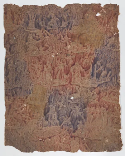 Sheet with figures in landscapes in red, purple, and yellow by anonymous, print, 1700-1800