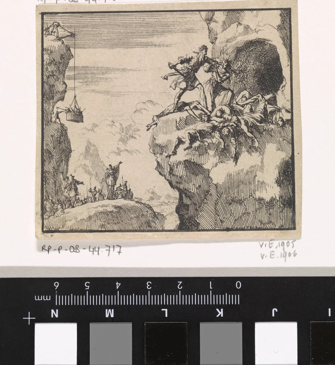 Rover doodt zijn mederovers voor de ingang van een spelonk by Jan Luyken, print, 1698