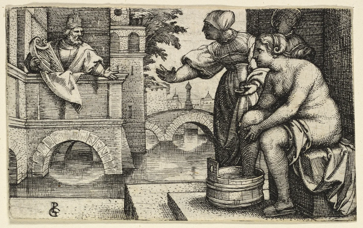 David Observing Bathsheba by Georg Pencz, print, 1525-1535