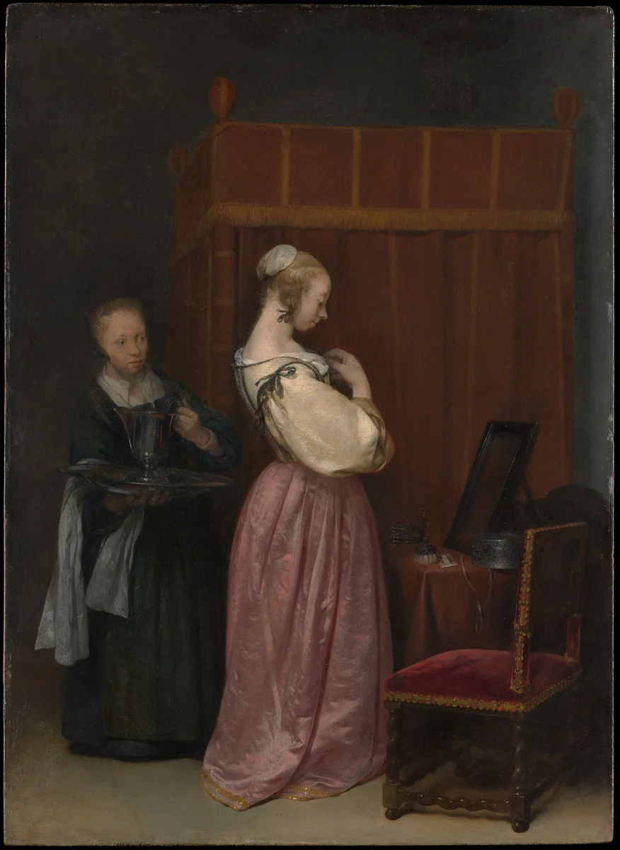 A Young Woman at Her Toilet with a Maid by Gerard ter Borch, painting, 1650-1651