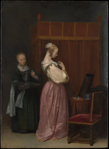 A Young Woman at Her Toilet with a Maid by Gerard ter Borch, painting, 1650-1651