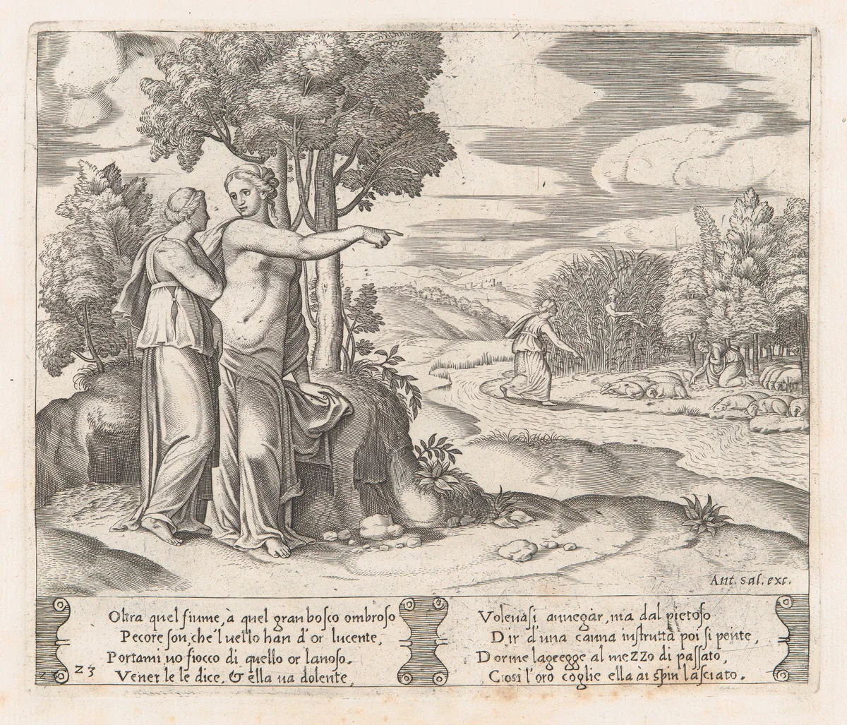 Plate 23: Psyche on the order of Venus departing to find the golden fleece, from "The Story of Cupid and Psyche as told by Apuleius" by Master of the Die, print, 1530-1560