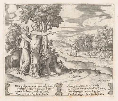 Plate 23: Psyche on the order of Venus departing to find the golden fleece, from "The Story of Cupid and Psyche as told by Apuleius" by Master of the Die, print, 1530-1560