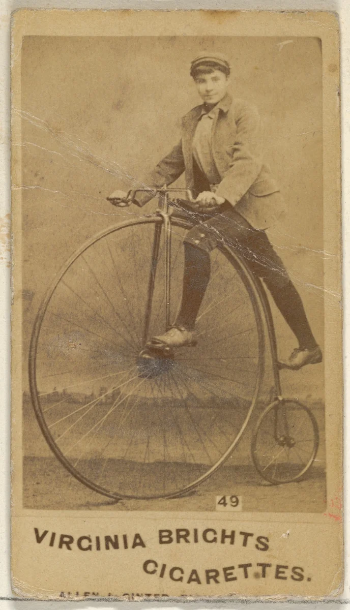 Card 49, from the Girl Cyclists series (N49) for Virginia Brights Cigarettes by Allen & Ginter, photograph, 1887