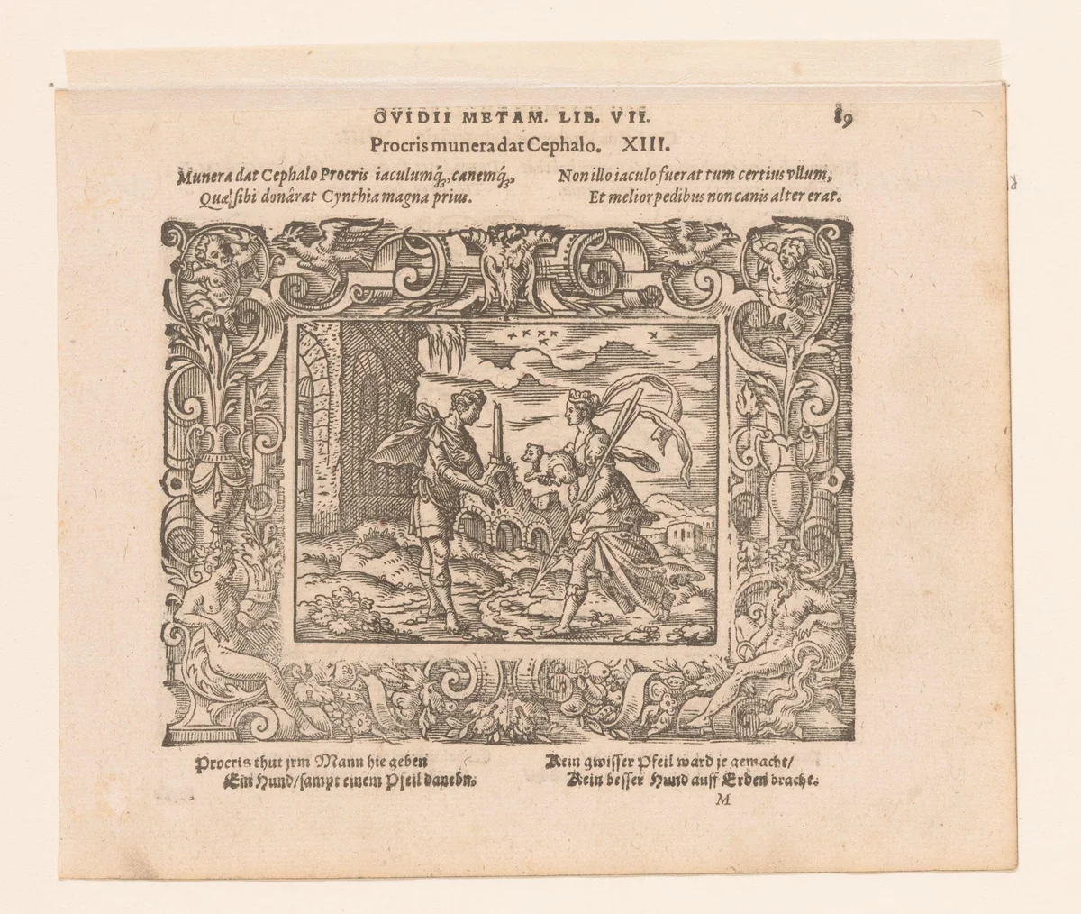 Procris geeft Cephalus een hond en een magische speer by Virgilius Solis, print, 1569
