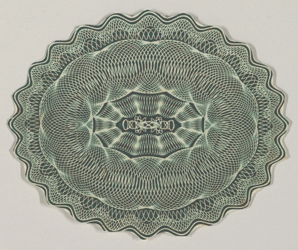 Banknote motif: oval of lathe work ornament with a wavy edge by Cyrus Durand, print, 1819-1847