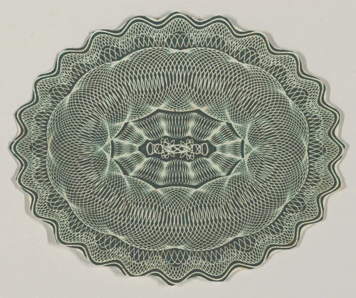 Banknote motif: oval of lathe work ornament with a wavy edge by Cyrus Durand, print, 1819-1847