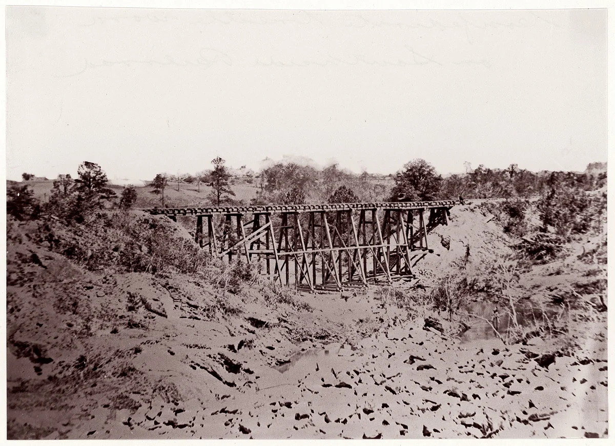 [Confederate Trestle Work on Southside Railroad, Virginia] by Andrew Joseph Russell, photograph, 1861-1865
