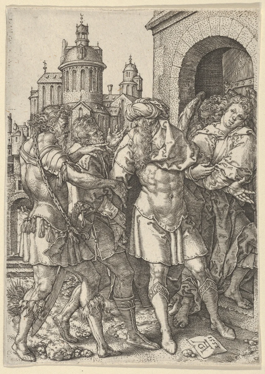 Lot Prevents the Sodomites from Violence, from The Story of Lot by Heinrich Aldegrever, print, 1555