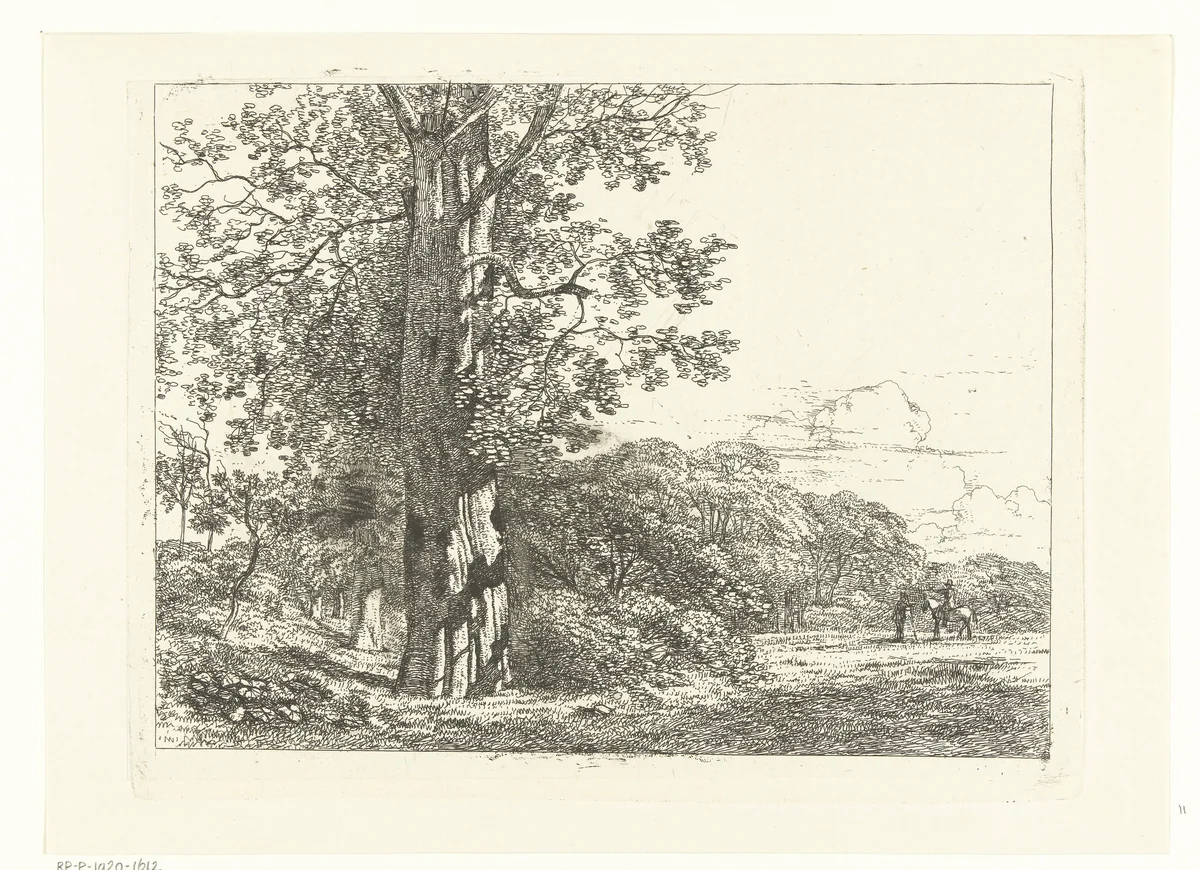 Landschap met grote beukeboom en ruiter in gesprek met man by Albertus Brondgeest, print, 1796-1849