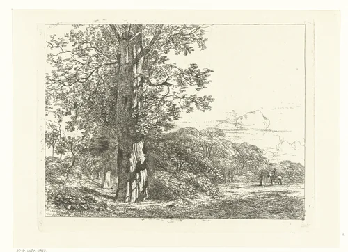 Landschap met grote beukeboom en ruiter in gesprek met man by Albertus Brondgeest, print, 1796-1849