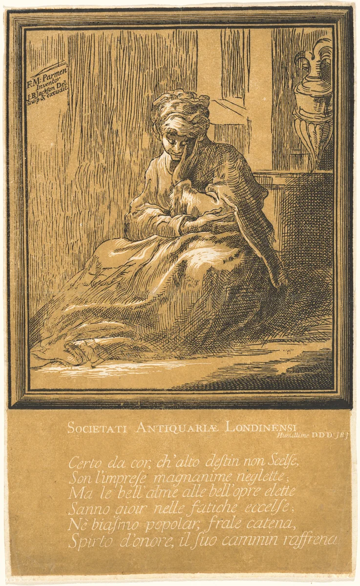 Woman Meditating by John Baptist Jackson; Parmigianino, print, 1701-1780