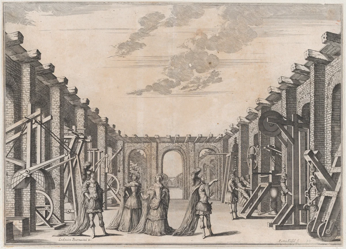 Two men in classical armor and two women looking at the mechanical devices on either side of an open courtyard; set design from 'Il Fuoco Eterno' by Mathäus Küsel, print, 1674
