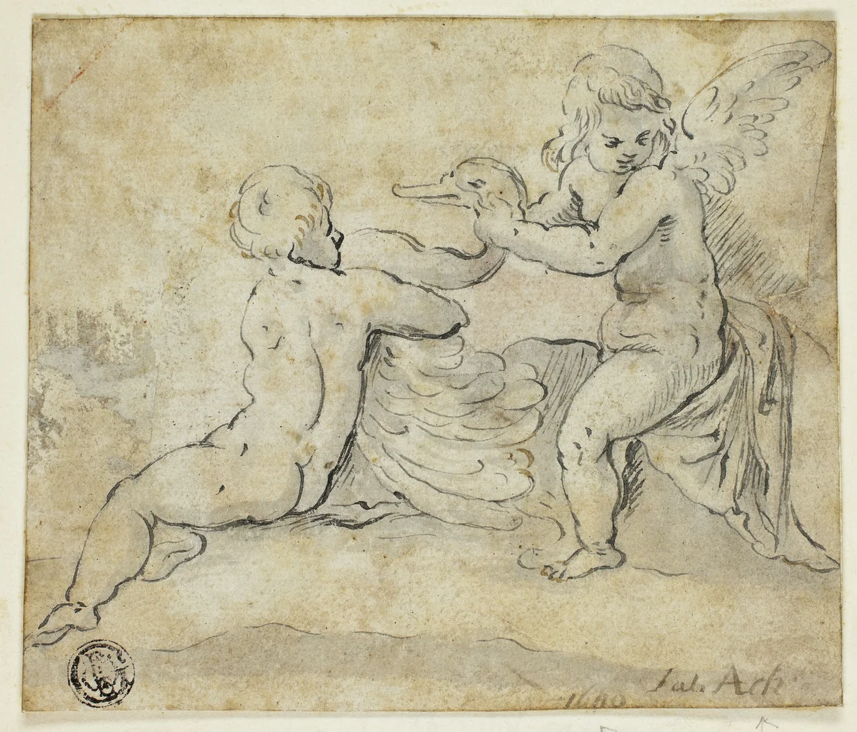 Putti Holding Swan by Johann von Aachen, drawing, 1572-1616