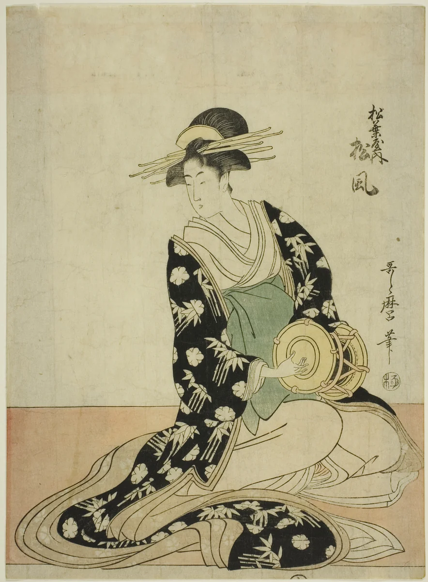The Courtesan Matsukaze of the Matsubaya, from an untitled series of courtesans of the Matsubaya as five musicians by Kitagawa Utamaro (喜多川歌麿), print, 1792-1802